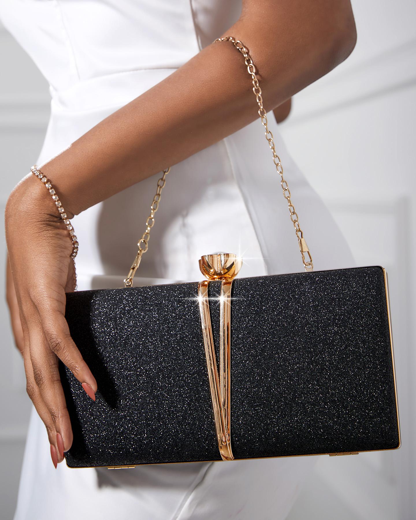 

Metal Decor Glitter Rhinestone Lock Clutch Bag Wedding Event Handbags, Black