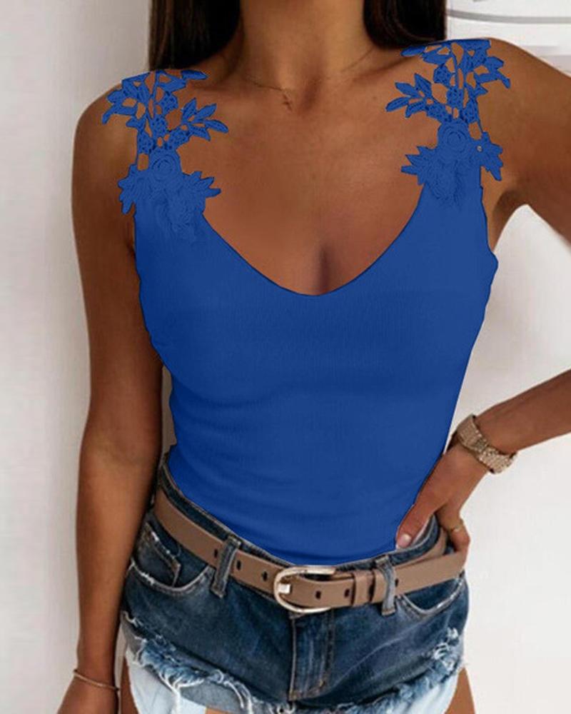 

Contrast Lace V-Neck Tank Top, Blue