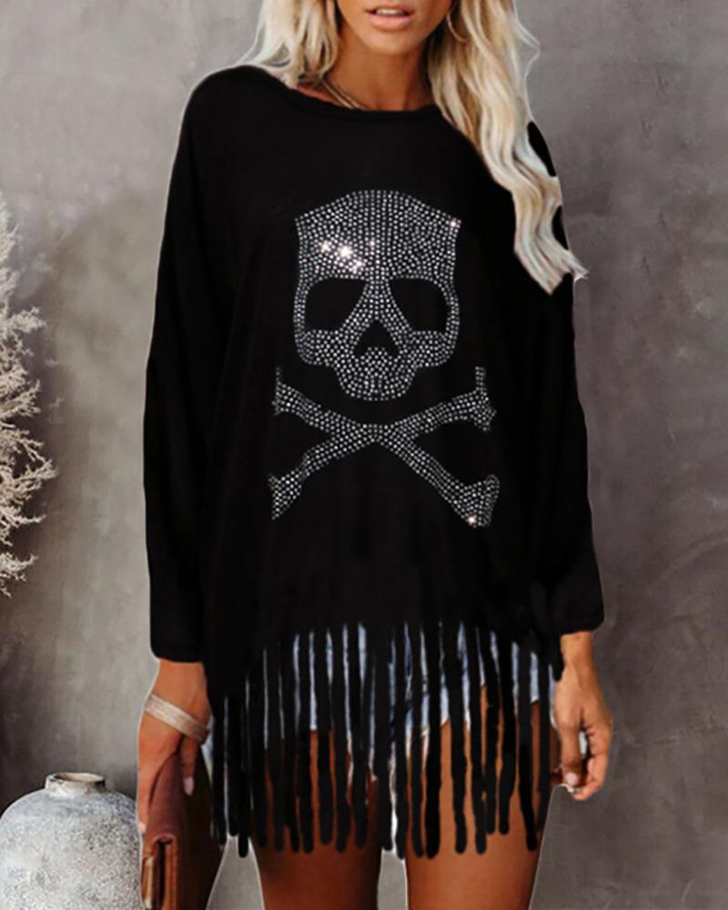 

Halloween Tassel Design Rhinestone Skull Pattern Short Sleeve Top, Black