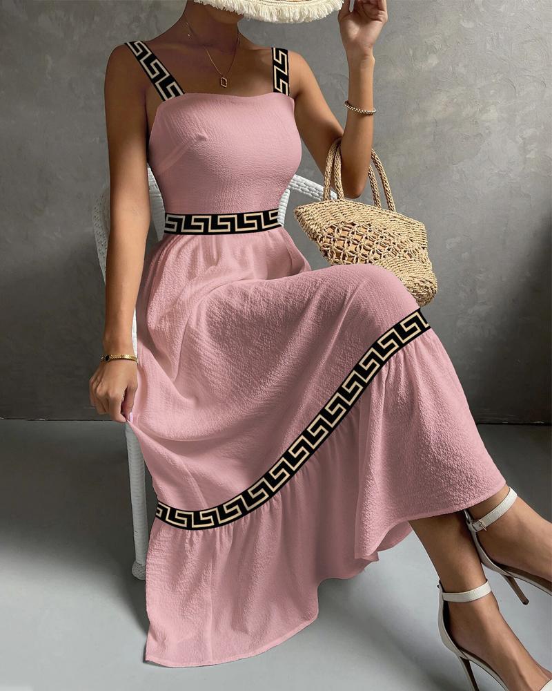 

Geometric Print Patchwork Sleeveless Maxi Dress, Pink