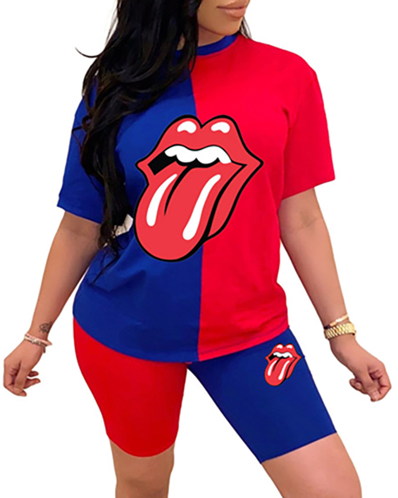 

Lip Print Colorblock Short Sleeve Top & Shorts Set, Blue