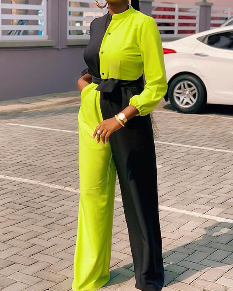 

Colorblock Pocket Design Wide Leg Jumpsuit, Green