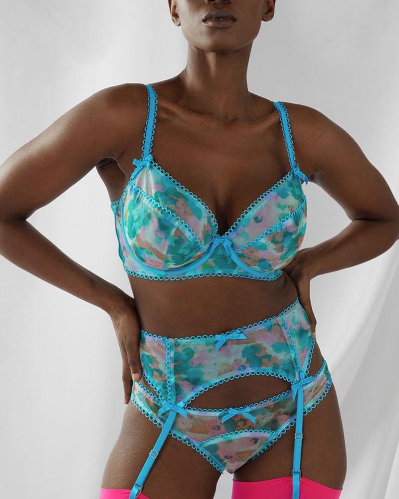 

Romantic See Through Mesh Splicing Bow Bra Sets 3PCS, Blue