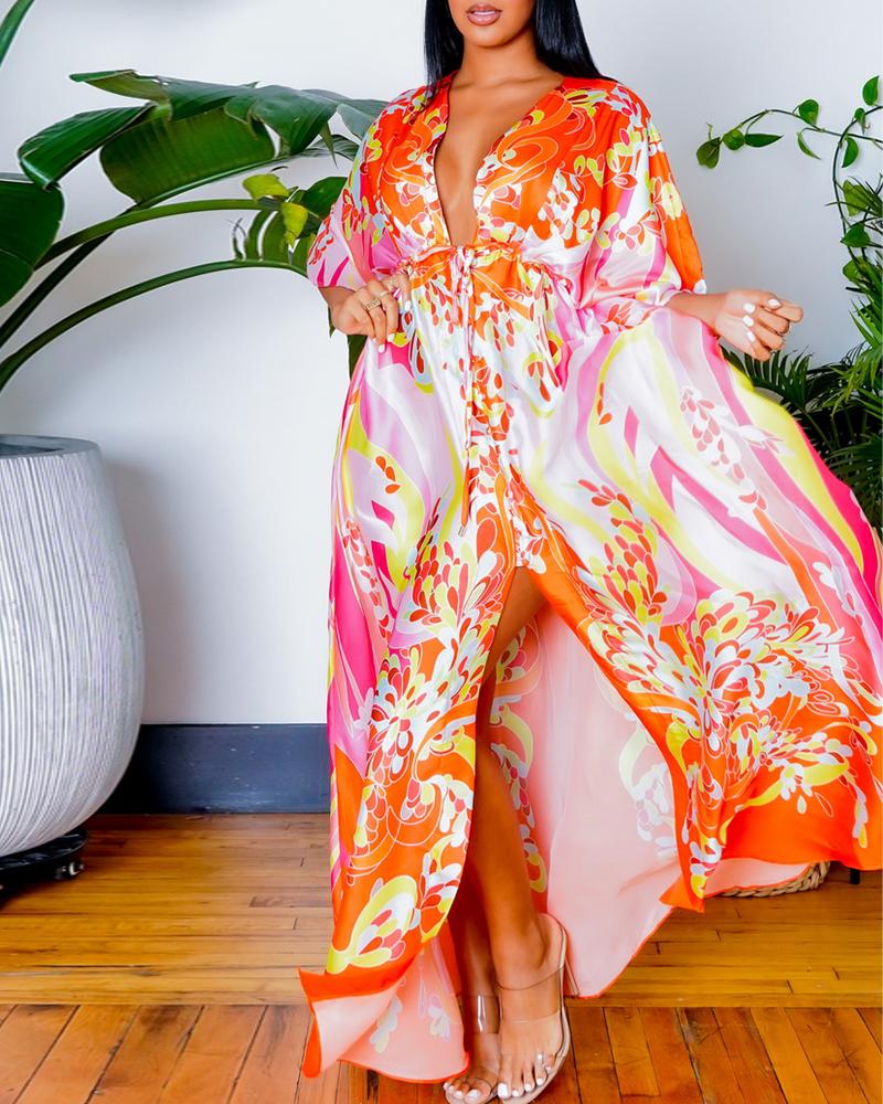

All Over Print Plunge Slit Maxi Dress, Orange