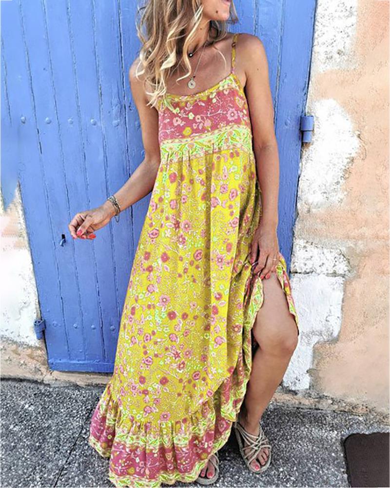 

Spaghetti Strap Print Maxi Dress, Yellow