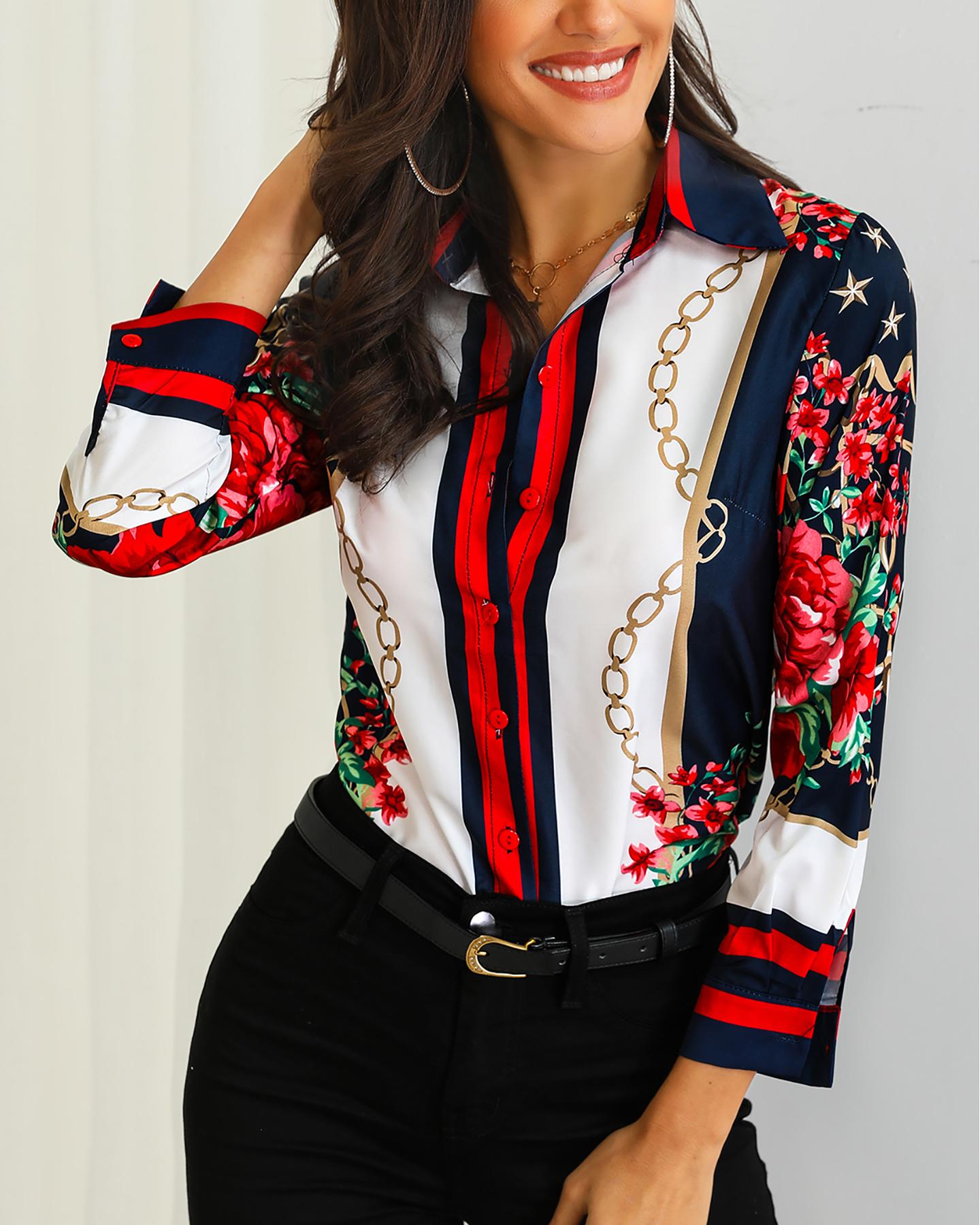 

Floral & Chains Print Casual Blouse, Red