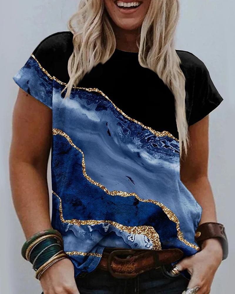 

Plus Size Marble Print Casual T-shirt, Blue