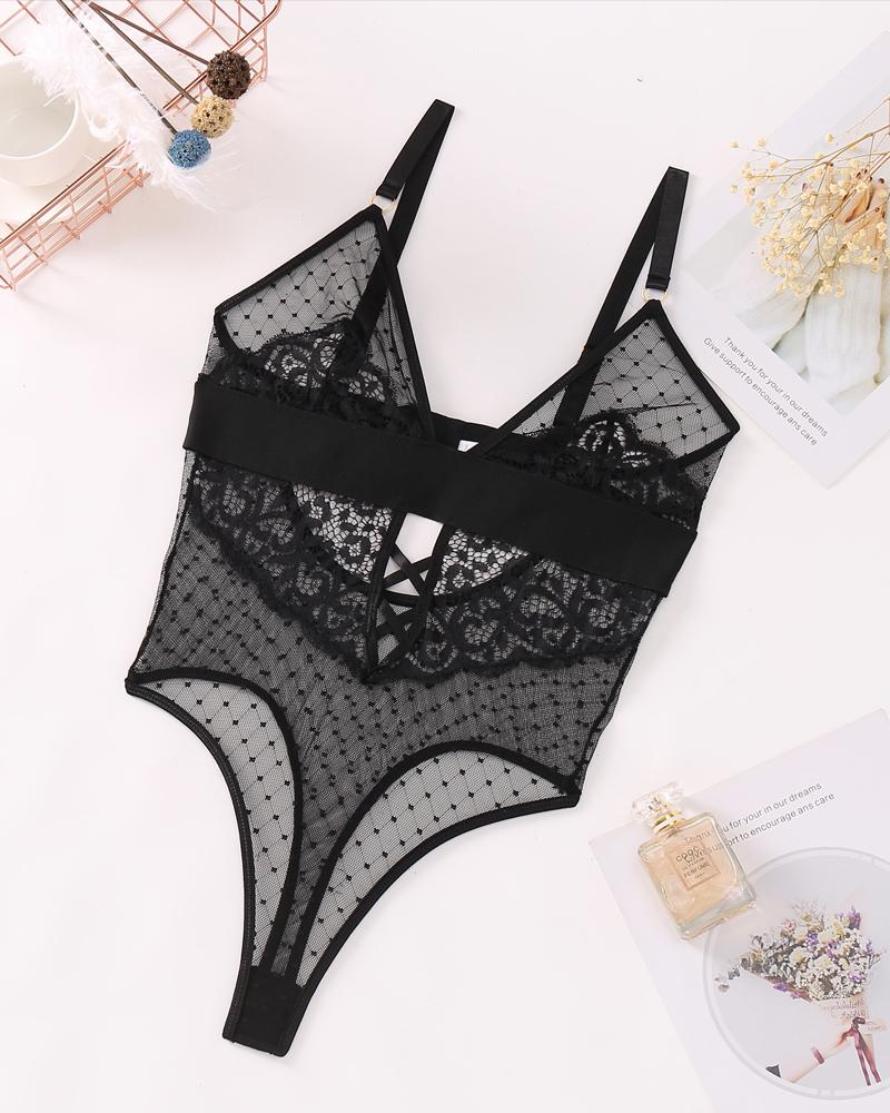 

Backless V-Neck Crochet Lace Teddy, Black