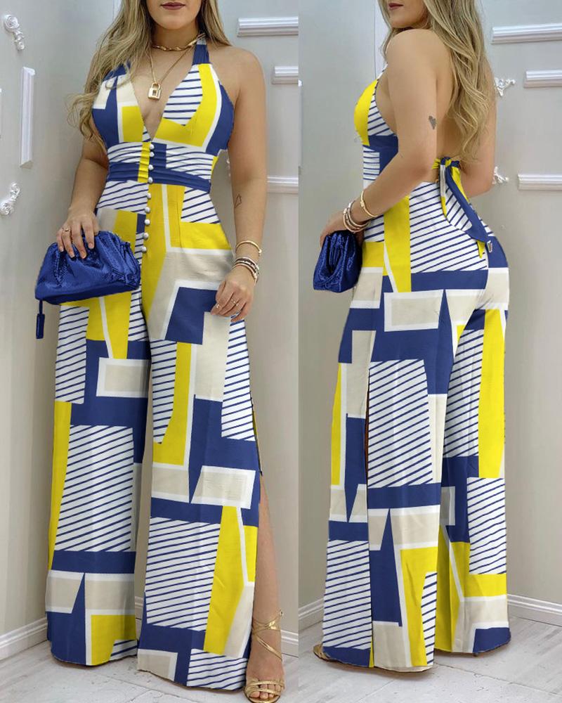

Halter Colorblock Slit Backless Jumpsuit, Multicolor