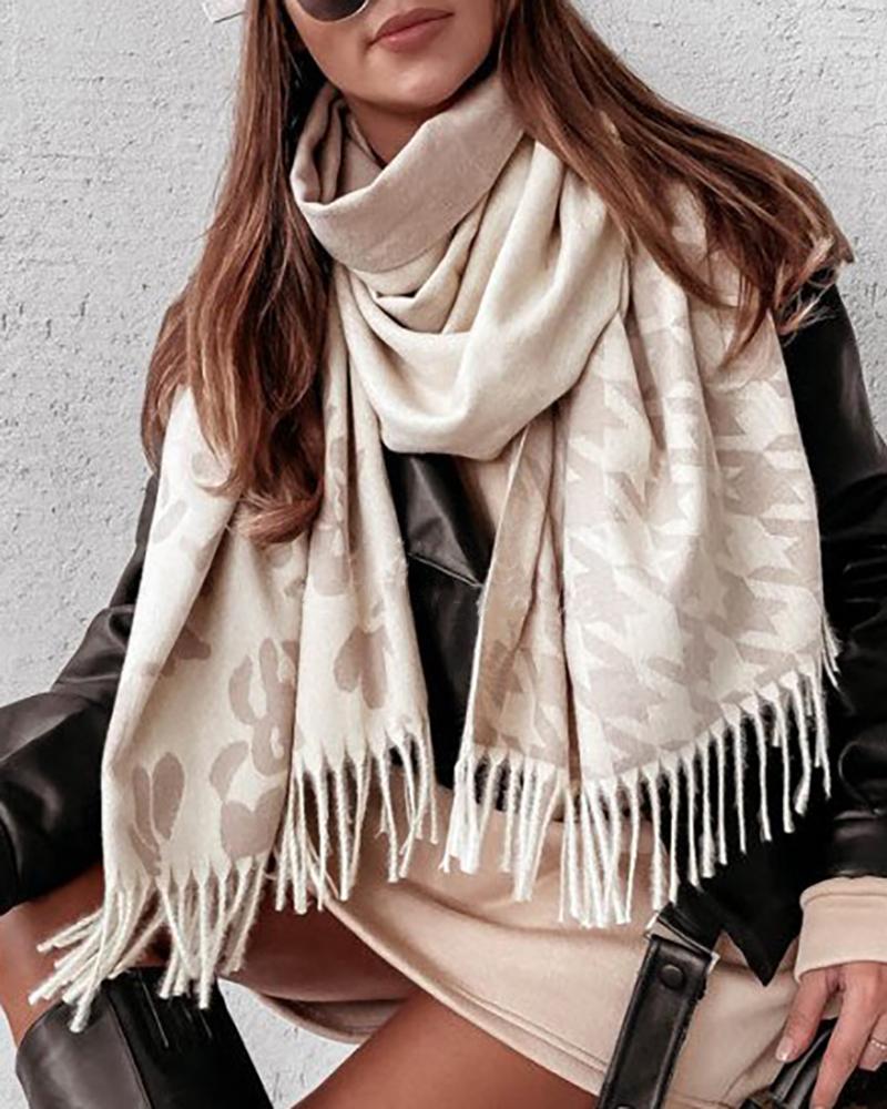 

Houndstooth Print Tassel Decor Scarf, Apricot
