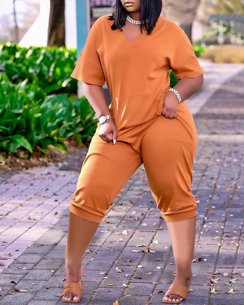 

Pocket Design Plain Short Sleeve Jumpsuit, Brown