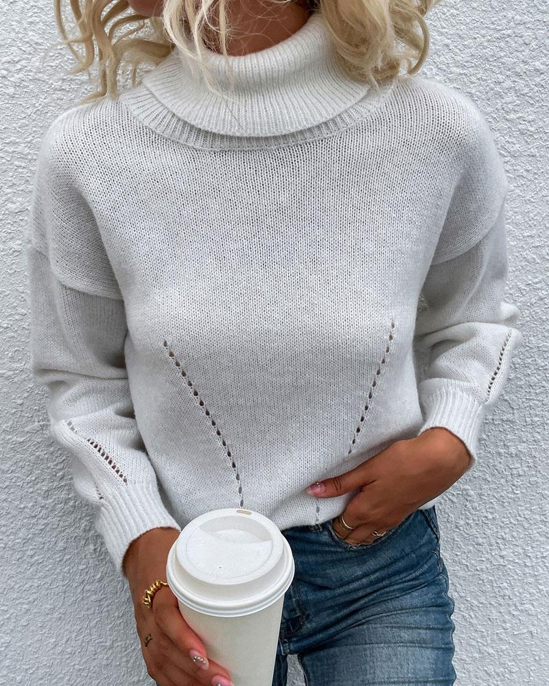 

Long Sleeve Turtleneck Pointelle Knit Sweater, White