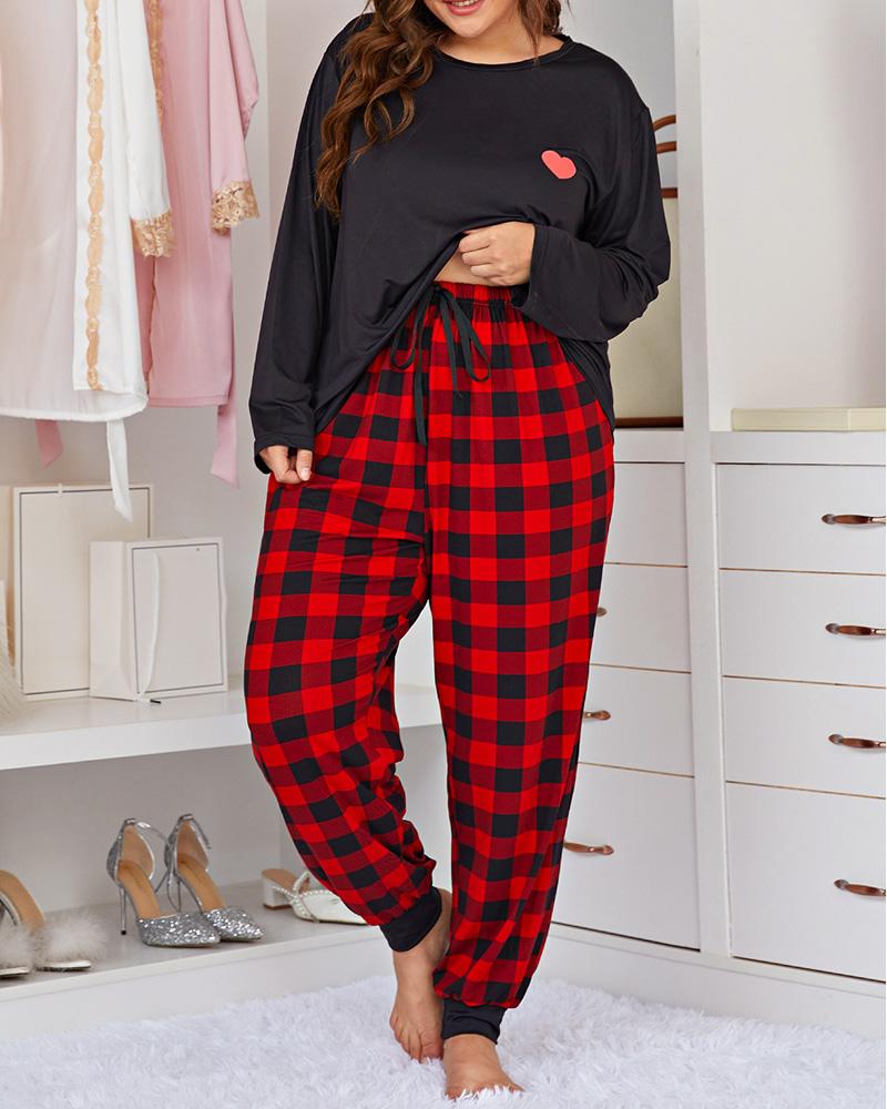 

Plus Size Heart Print Top & Plaid Print Pants Set, Black