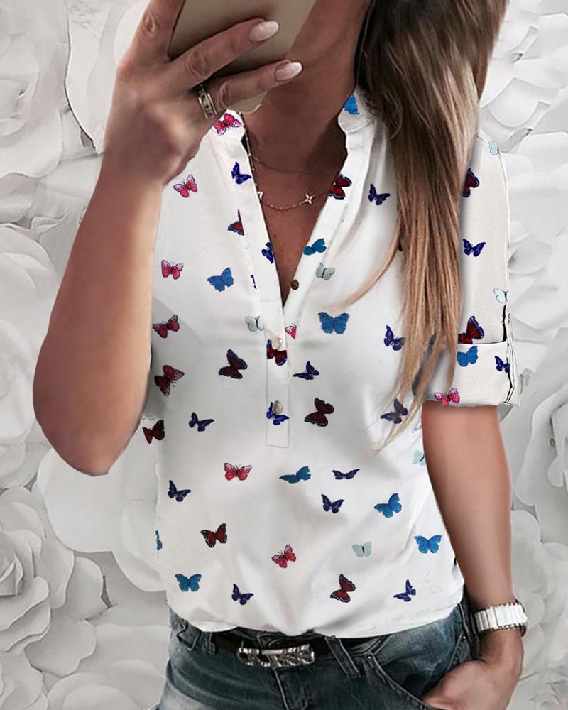 

Butterfly Print Button Design Casual Shirt, White