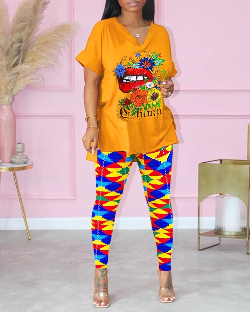 

Lip Floral Print Colorblock V Neck Top & Pants Sets, Orange
