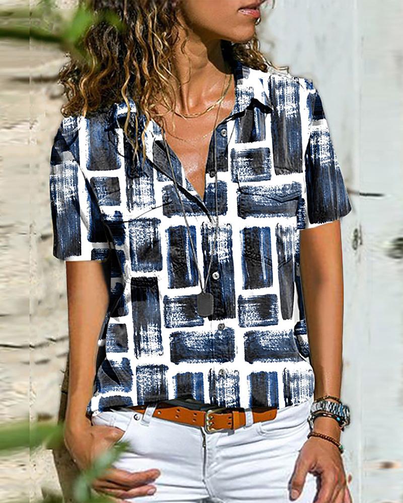 

Pocket Design Colorblock Buttoned Top, Dark blue