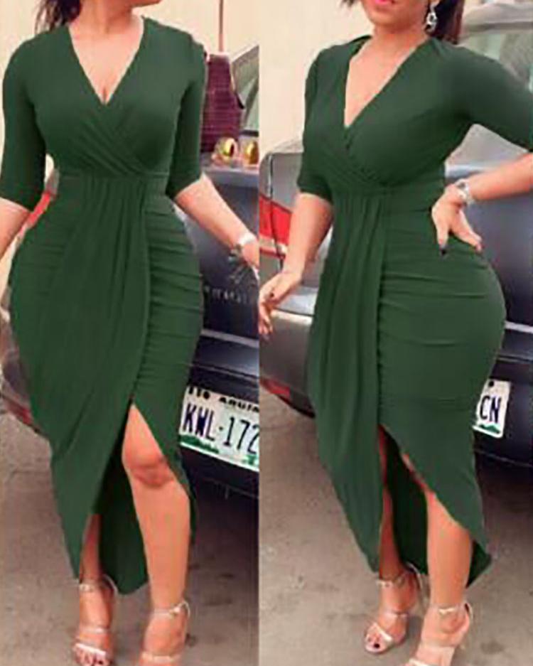 

Deep V Ruched Tulip Hem Party Dress, Green