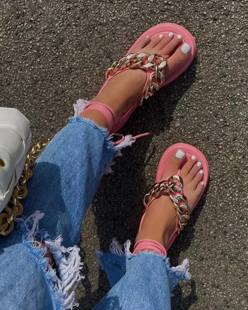 

Chain Patchwork Round-toe Platform Flat Sandals, Pink