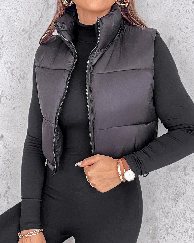 

Plain Zip Up Quilted Gilet Puffer Jacket, Black