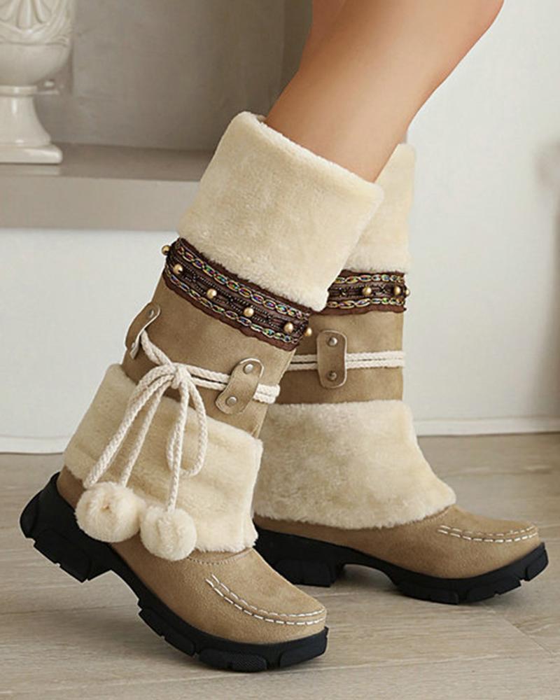 

Tribal Pom Pom Fuzzy Detail Lined Calf Snow Boots, Beige