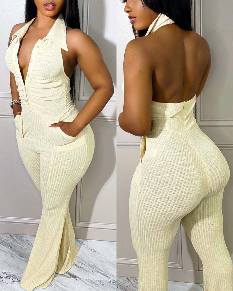 

Button Front Ruched Halter Backless Jumpsuit, Apricot