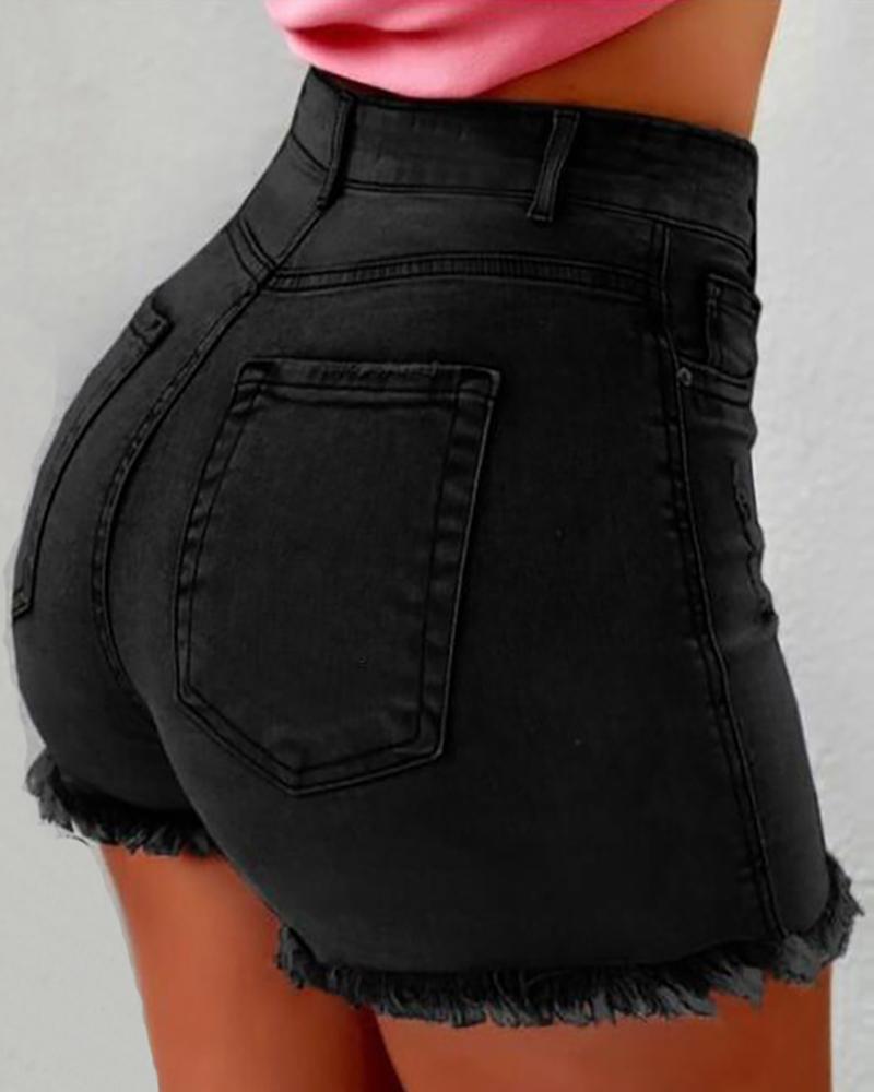 

High Waist Fringe Hem Casual Denim Shorts, Black