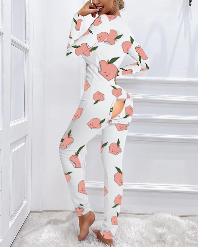 

Peach Print Functional Buttoned Flap Adults Pajamas, White