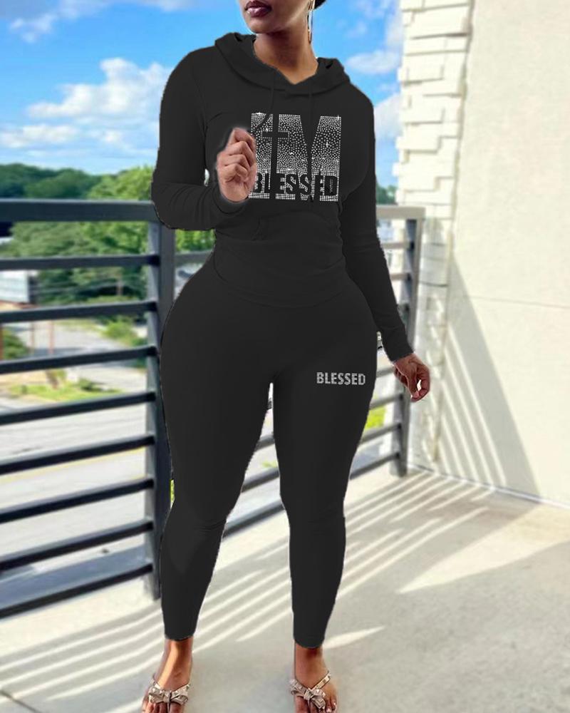 

Plus Size Rhinestone Letter Pattern Casual Hoodie & Pants Set, Black