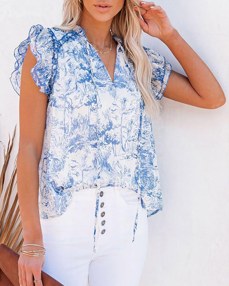 

V-neck Turn-down Collar Short Sleeve Floral Print Blouse, Light blue