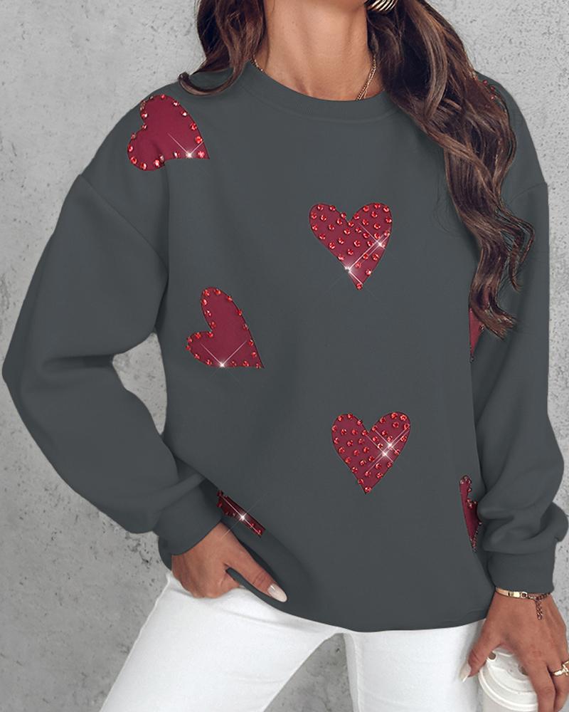 

Heart Print Long Sleeve Rhinestone Decor Sweatshirt, Dark grey