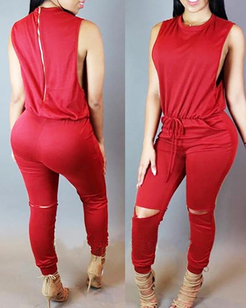 

Sleeveless Solid Women Top & Drawstring Cut Out Pants Set, Red
