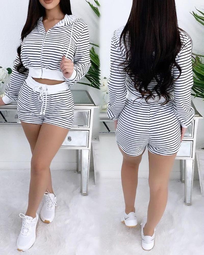 

Striped Zipper Design Hooded Crop Top & Drawstring Shorts Set, White