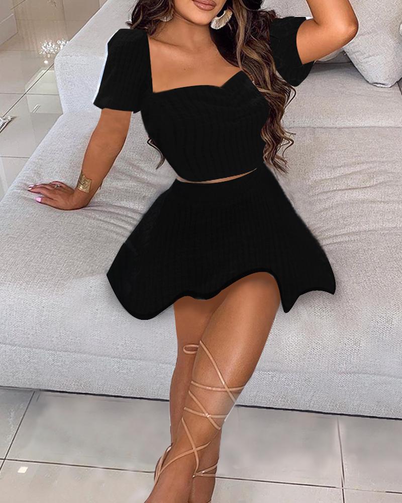 

Puff Sleeve Backless Crop Top & Skirt Set, Black
