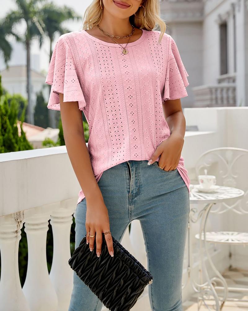 

Eyelet Embroidery Ruffles Round Neck Top, Pink