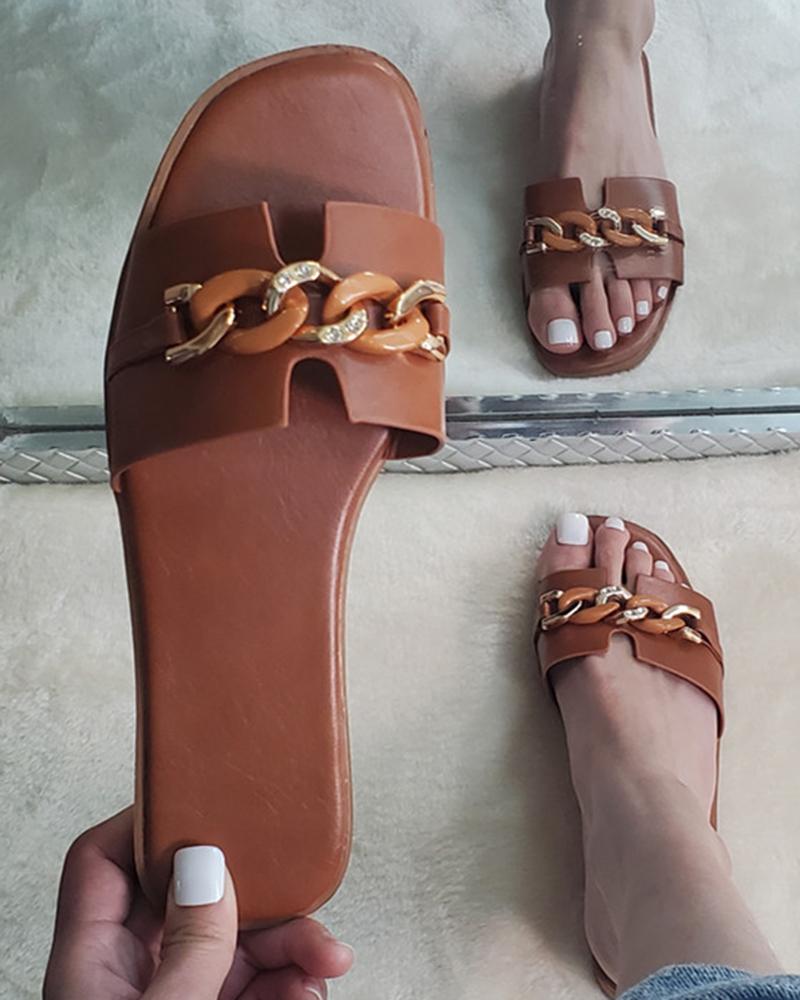 

Chain Decor Cutout Single Wide Strap Slippers, Brown