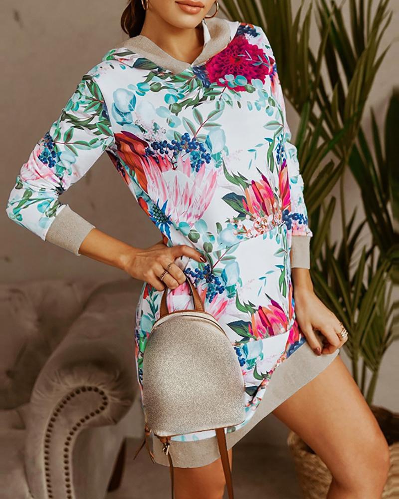 

Floral Print Long Sleeve Hooded Sweatshirt Dress, Purple
