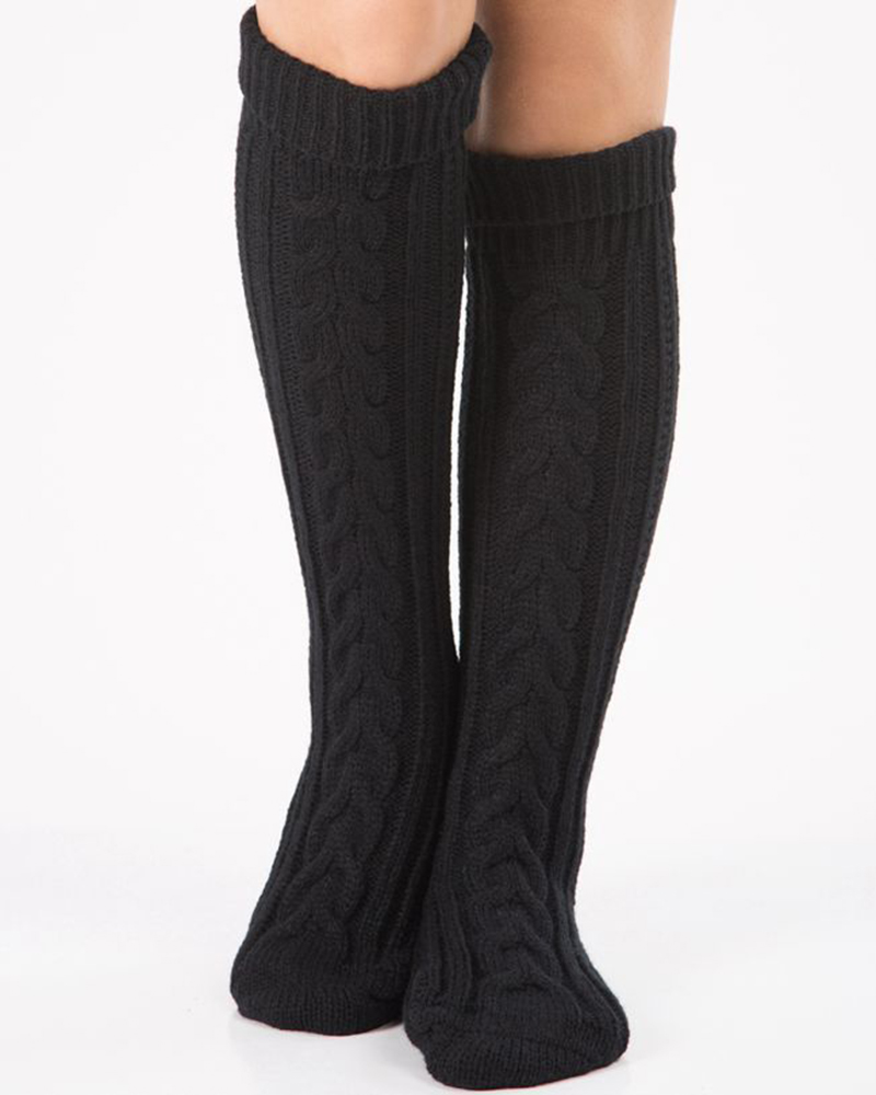 

Cable Knit Over The Knee Floor Winter Socks, Black