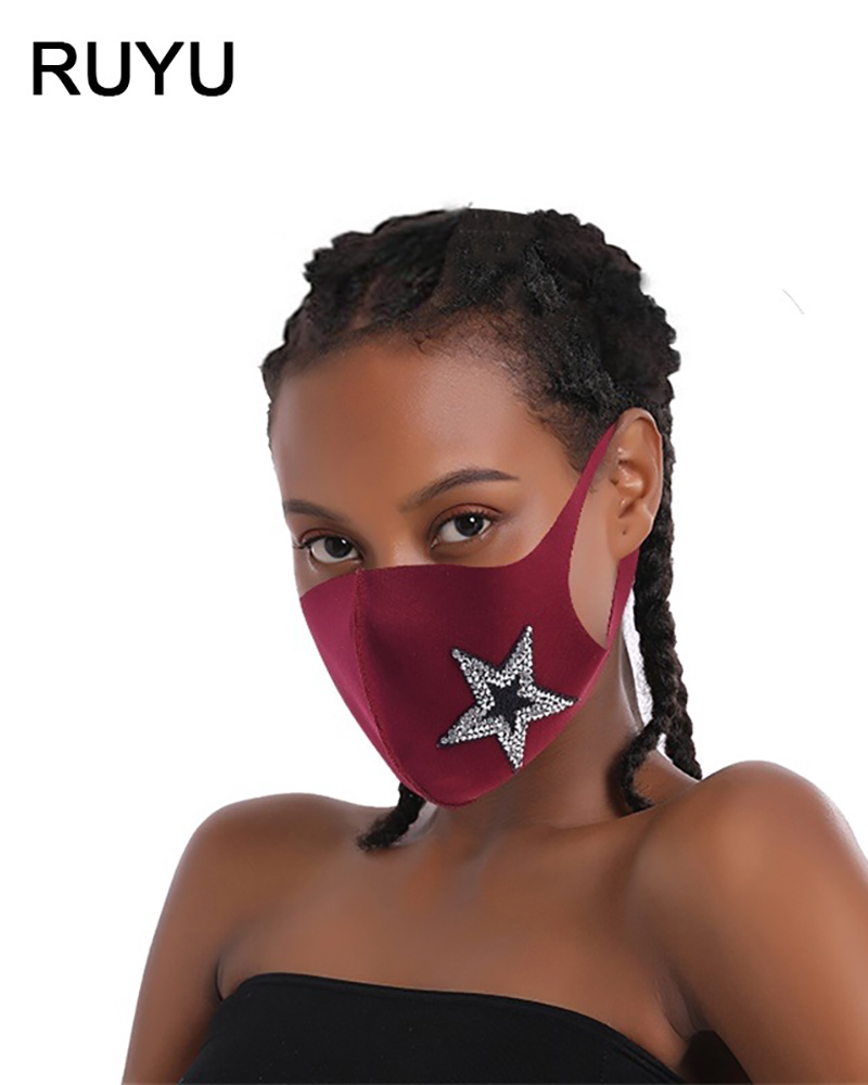 

Star Pattern Rhinestone Breathable Face Mask, Wine red
