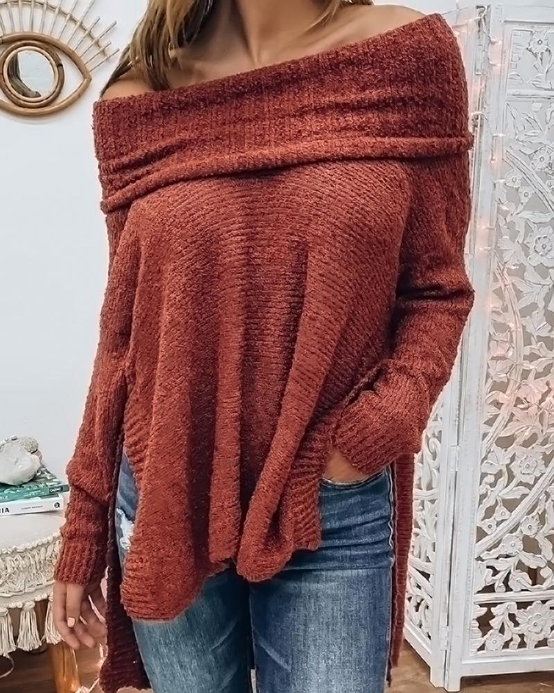 

Plain Off Shoulder Long Sleeve Sweater, Dark red