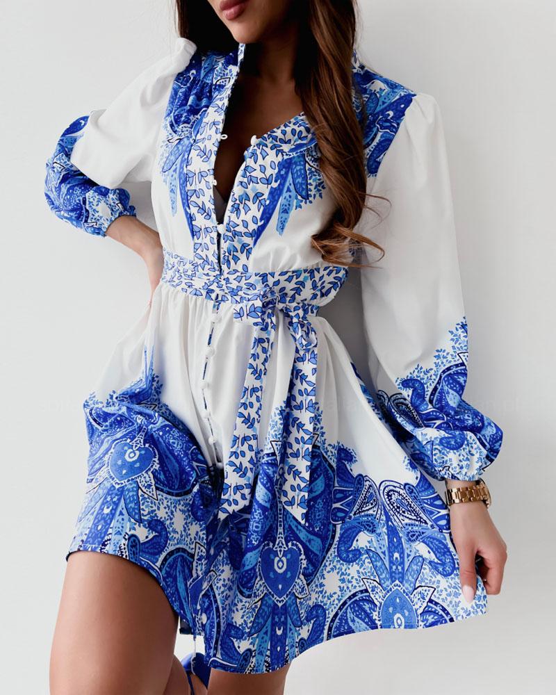 

Baroque Print Lantern Sleeve Button Down Shirt Dress, Blue