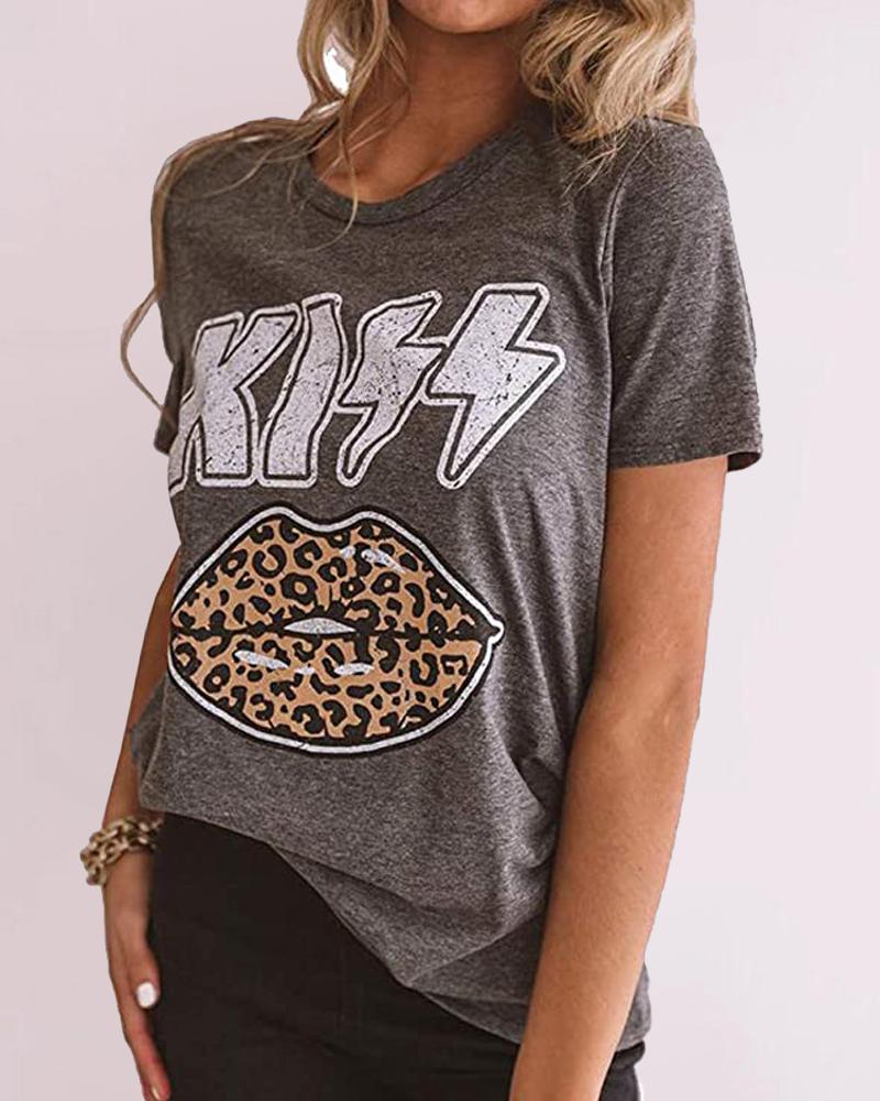

Women' Vintage Leopard Lip Letter Kiss Print Short Sleeve T-shirt, Gray