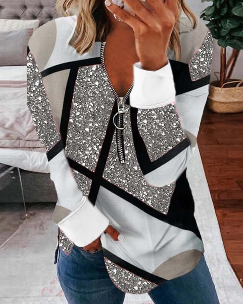

Geometric Print Zipper Design Long Sleeve Top, Gray