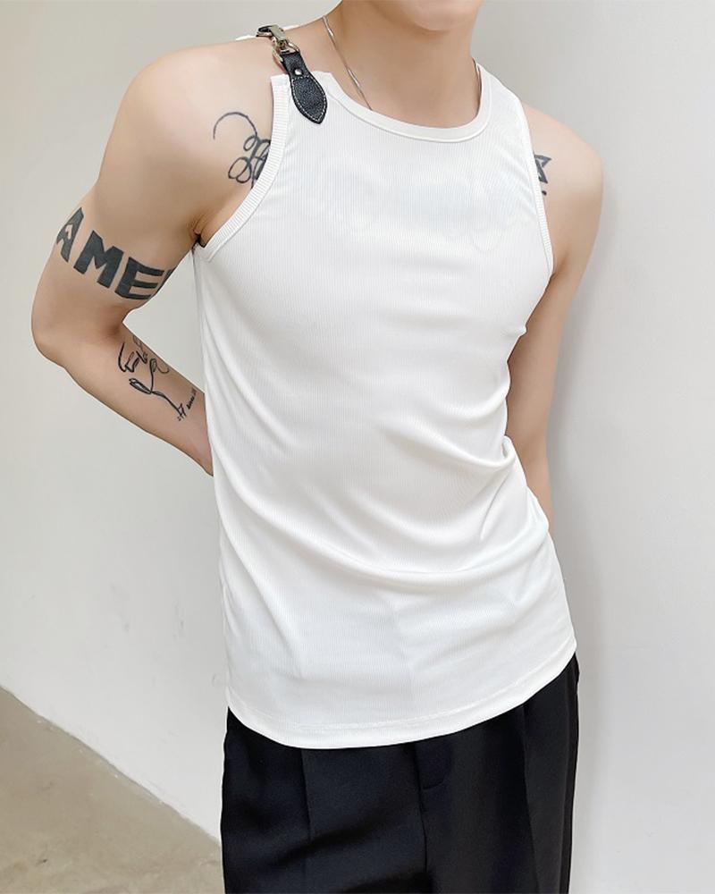 

Solid Color Splicing Metallic Buckle Sleeveless Tank Top, White