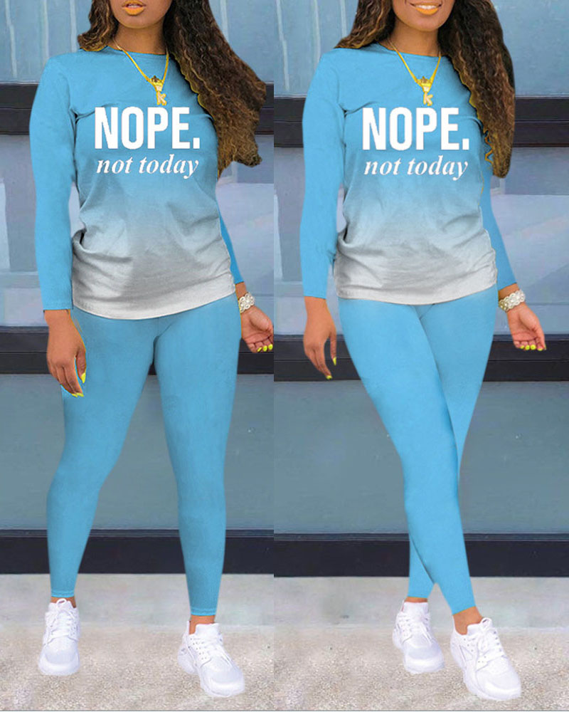 

Ombre Letter Print Long Sleeve Top & Pants Set, Blue