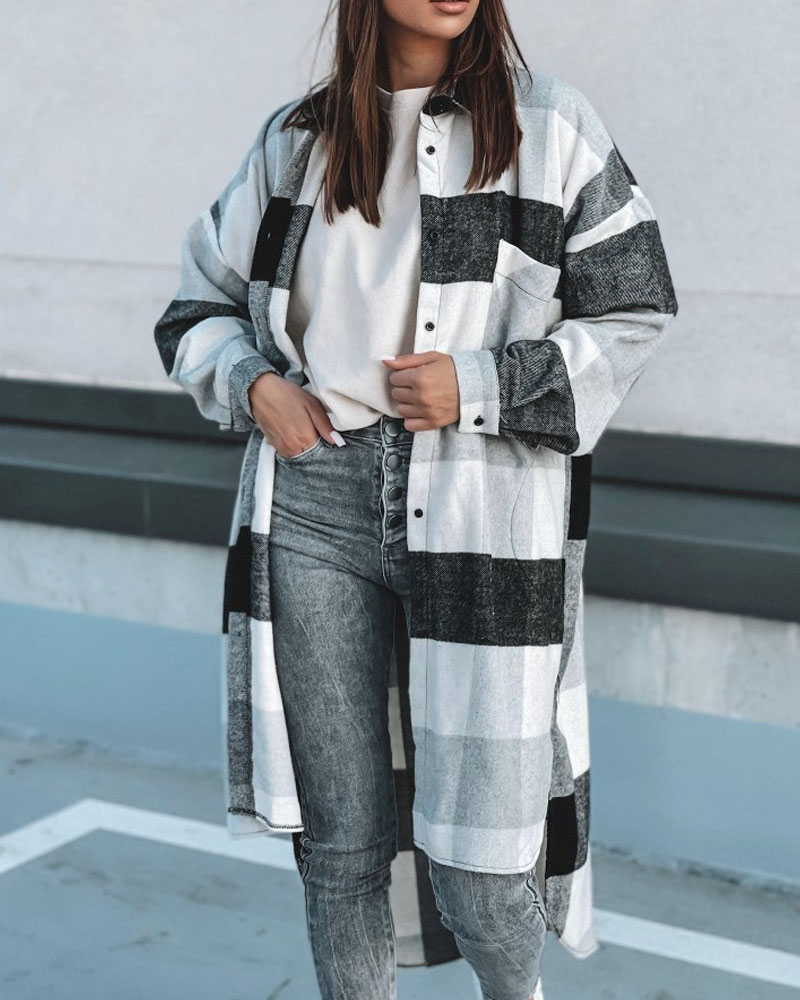 

Gingham Patch Pocket Button Down Longline Shacket, Gray