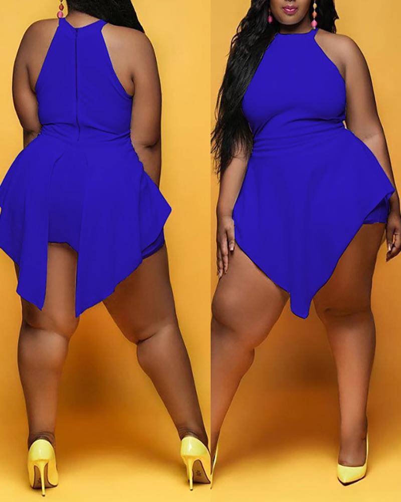 

Plus Size Irregular Trim Zip Back Fake Two-piece Romper, Blue