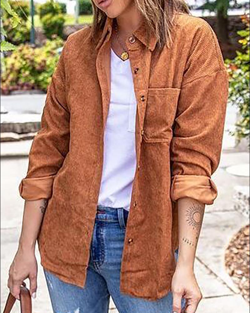 

Button Pocket Design Corduroy Long Sleeve Shacket, Brown