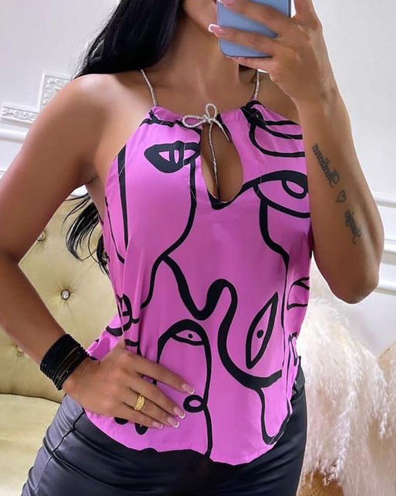 

Figure Print Drawstring Cutout Tank Top, Hot pink