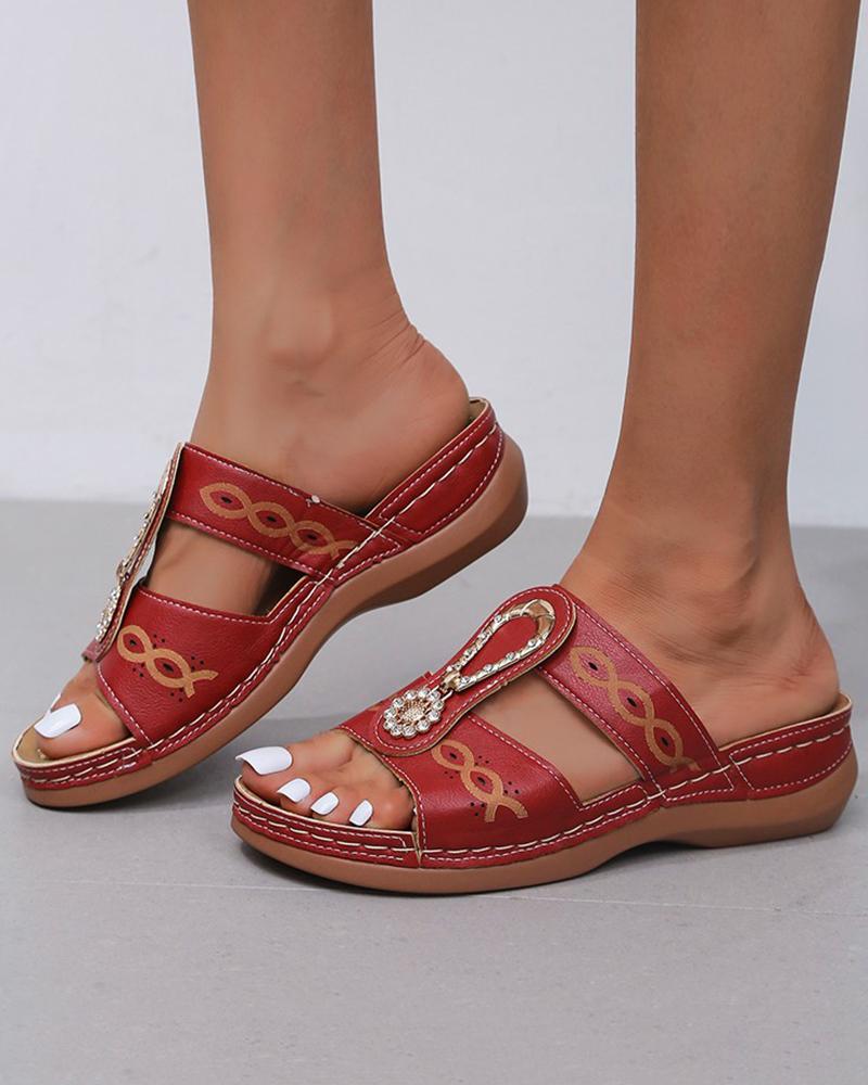 

Rhinestone Decor Hollow Out Bohemian Slippers, Red