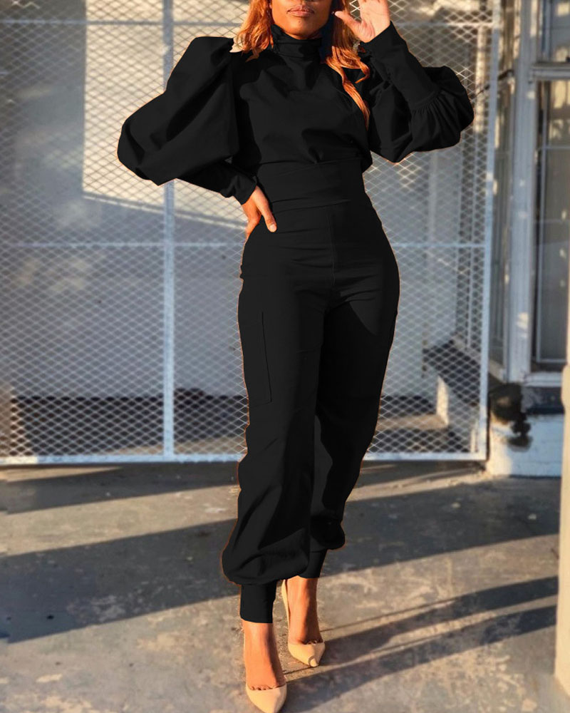 

Two Piece Sets Plain Puff Lantern Sleeve Top & High Waist Pants Set Elegant Suit Set, Black